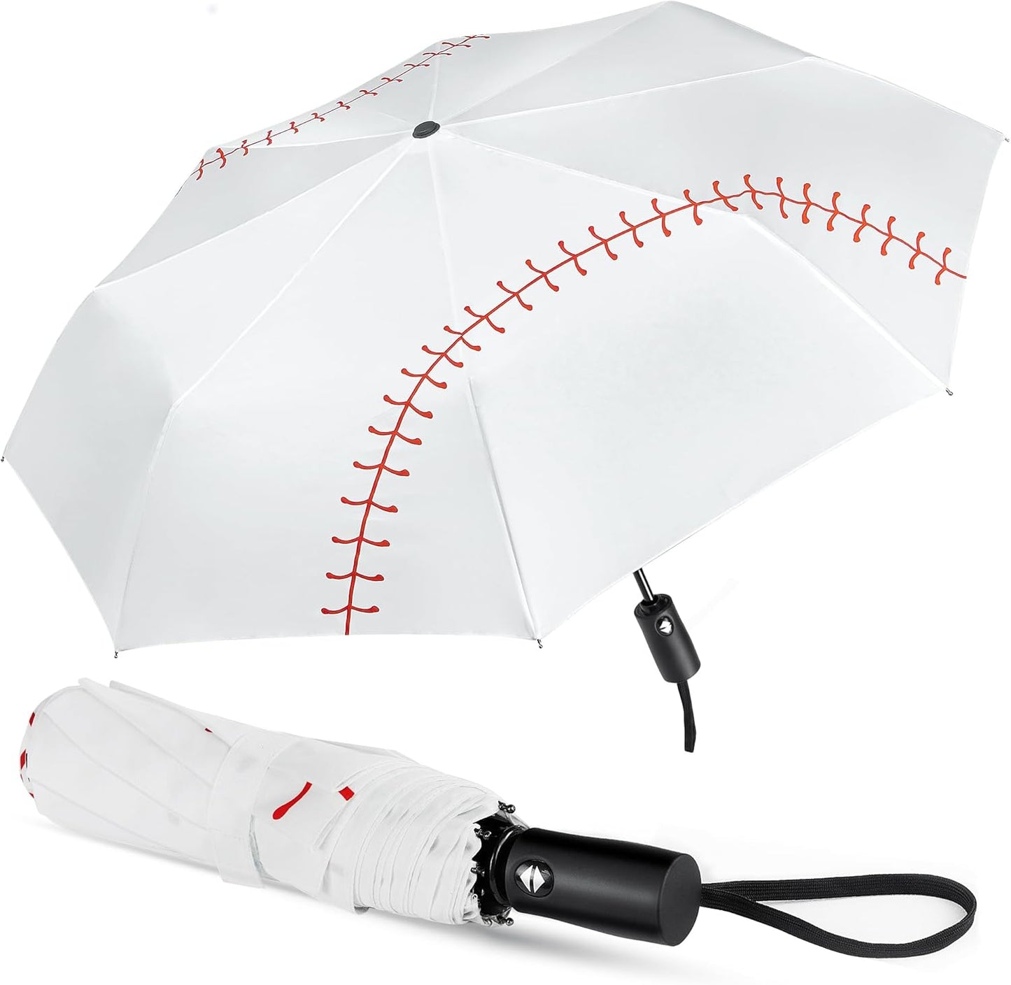 Lejorain White Baseball Umbrella Compact - Portable Windproof Travel Folding Sports Umbrella Auto Open Baseball