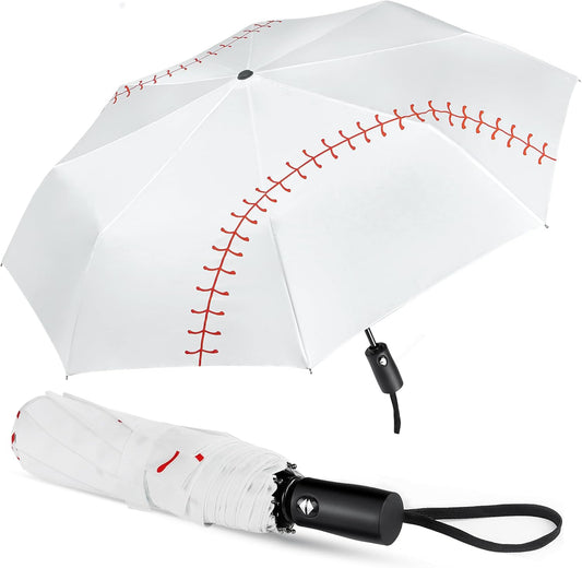 Lejorain White Baseball Umbrella Compact - Portable Windproof Travel Folding Sports Umbrella Auto Open Baseball