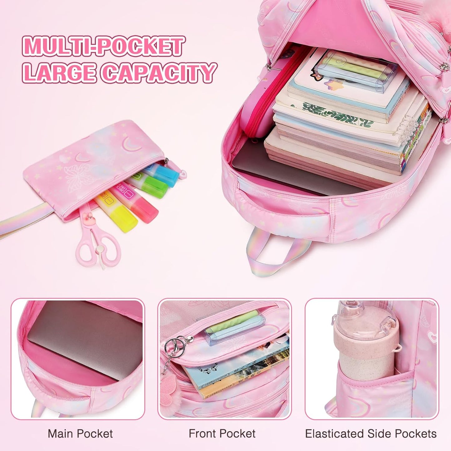 Backpack for Girls, Rainbow Butterfly Girls Backpacks with Lunch Bag Pencil Case Set, Kids Backpack