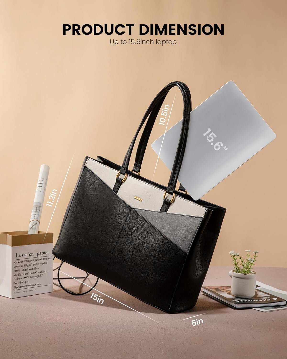 LOVEVOOK Women's Vintage Leather Work Tote, 15.6 Inch Laptop Bag - Waterproof Business Bag, Black & White & Gray