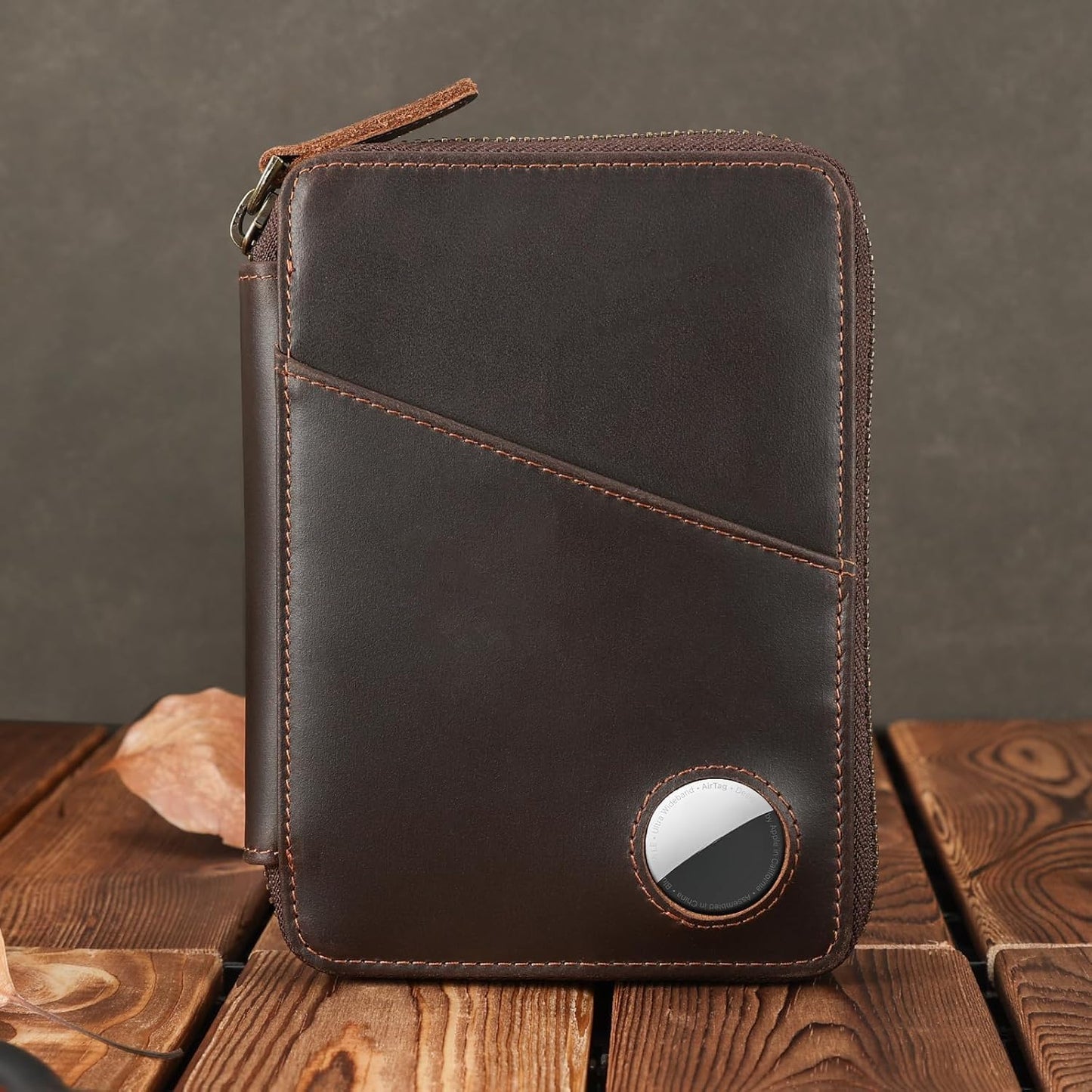 Real Leather Wallet Airtag Compatible RFID Bifold Travel Card Holder (AirTag Slot)