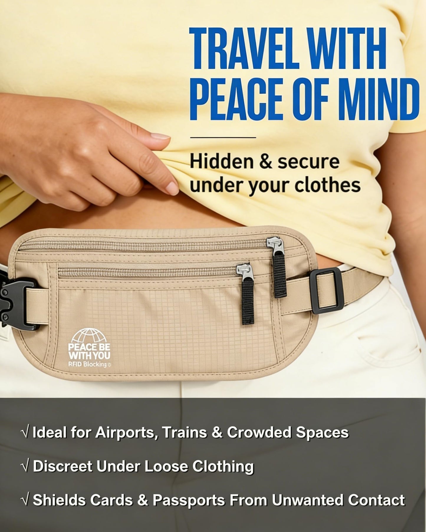 Money Belt for Travel, Passport Holder, RFID Blocking, Sweat-Proof, Beige