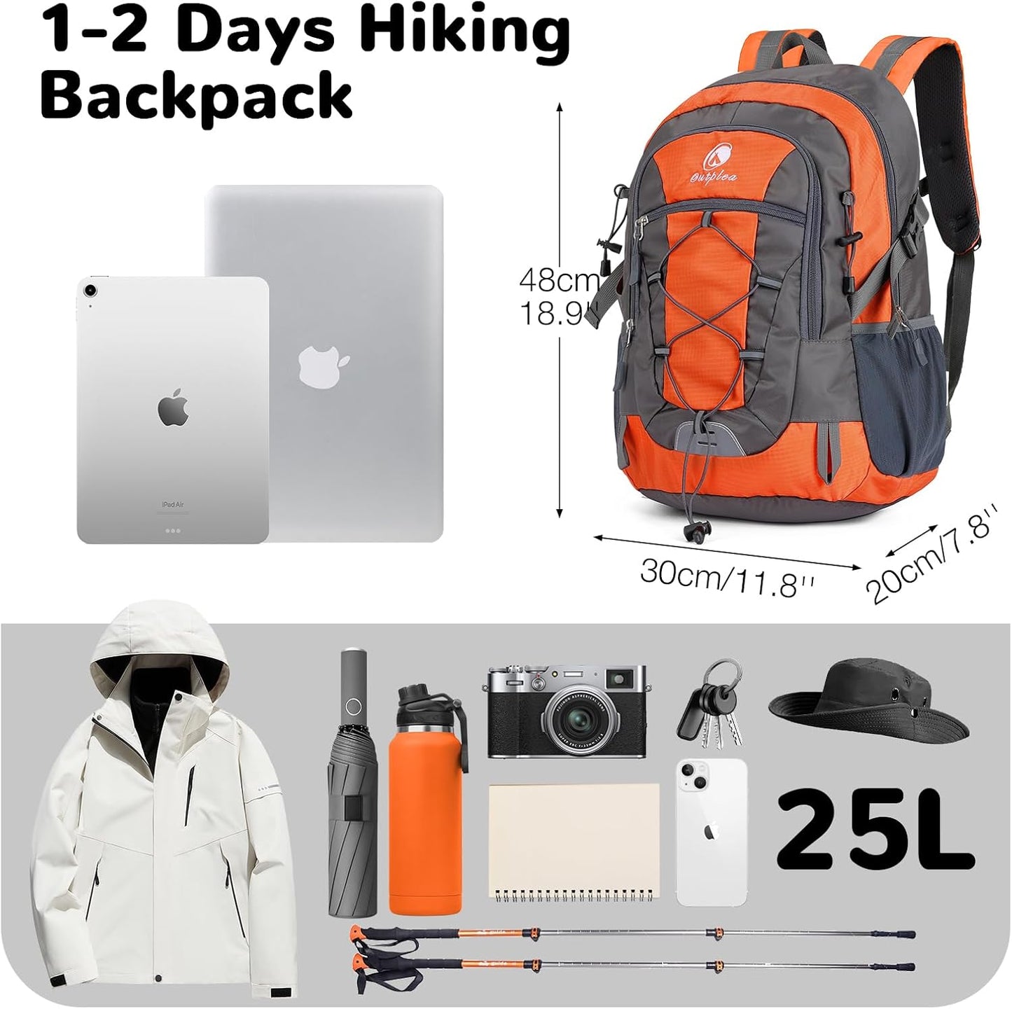 25L Small Hiking Backpack Daypack for Men Women, Waterproof Outdoor Backpack with Chest Strap for