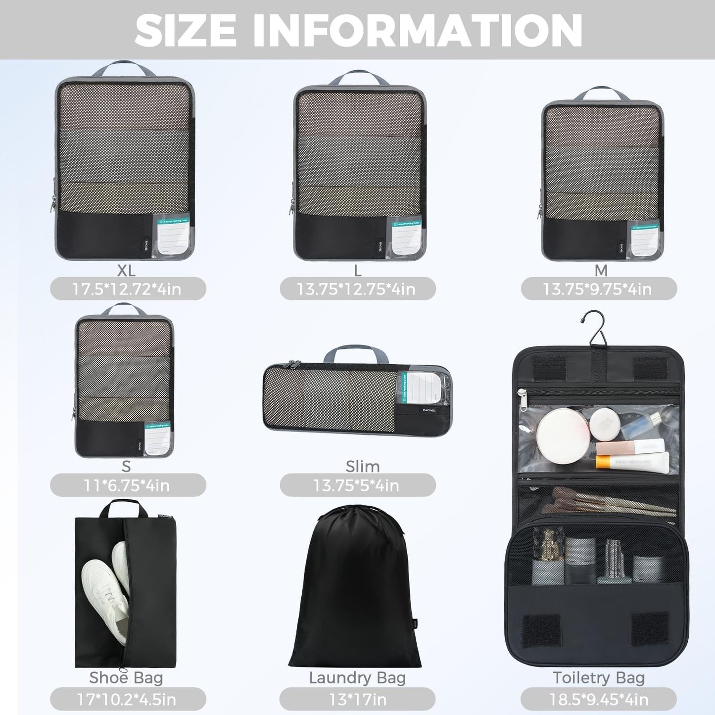 BAGAIL 4 Set/6 Set/8 Set Compression Packing Cubes Travel Accessories Expandable Packing Organizers (Half Mesh, 8-Jet Black)