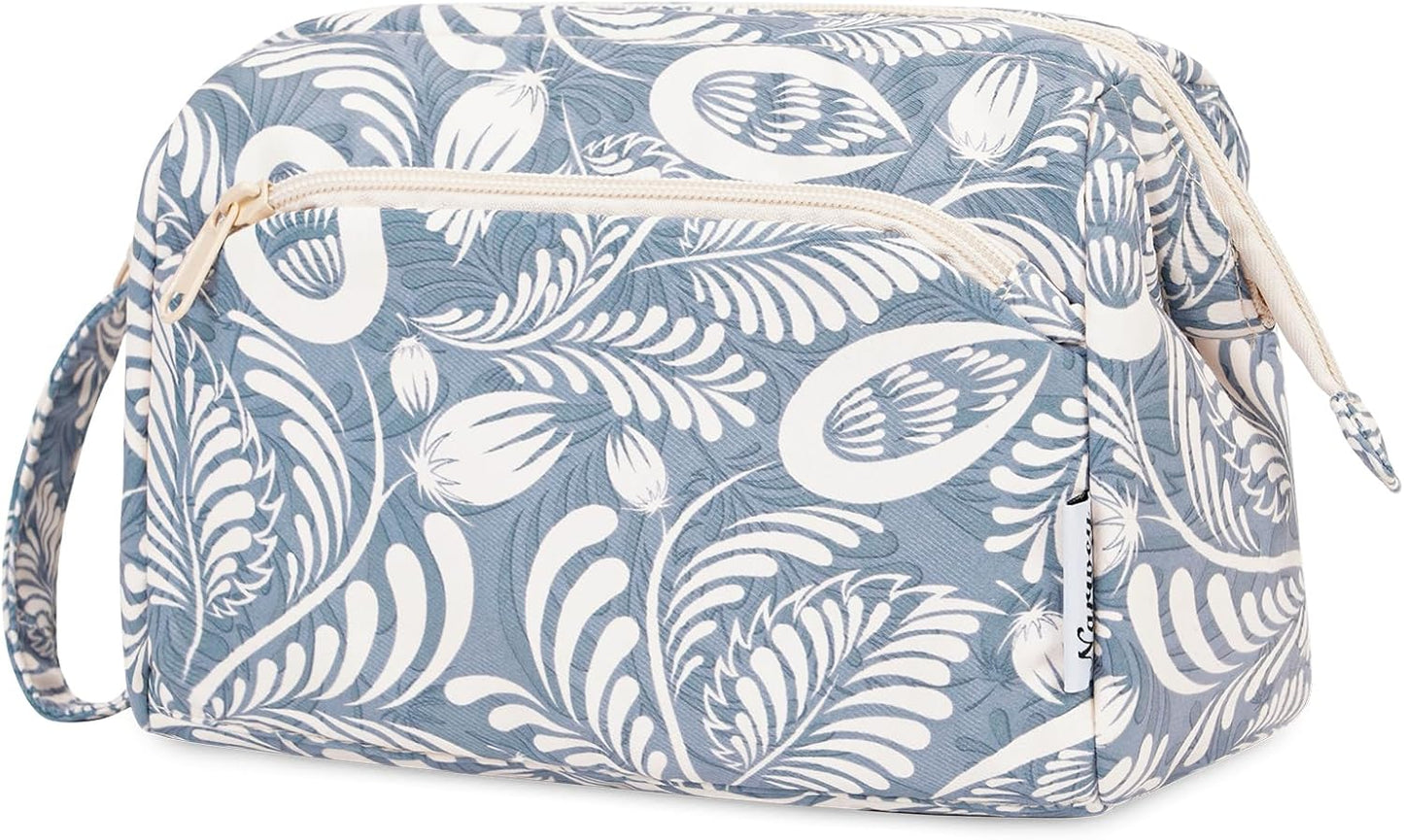Narwey Women Makeup Bag Wide-open Make up Bag Travel Cosmetic Organizer Toiletry Bag for Cosmetics Toiletries Accessories (Blue Leaf)