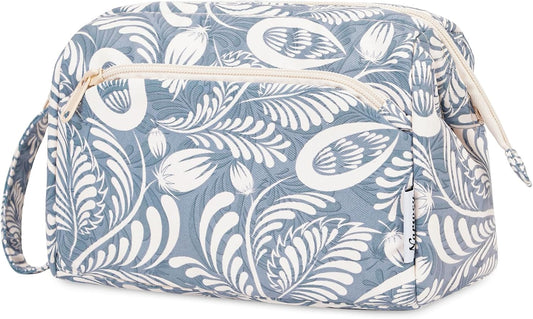 Narwey Women Makeup Bag Wide-open Make up Bag Travel Cosmetic Organizer Toiletry Bag for Cosmetics Toiletries Accessories (Blue Leaf)