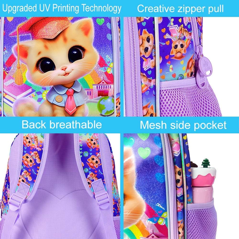 3PCS Girls Cat Backpack, 16" Kids Bookbag with Lunch Box, Kids Water Resistant Elementary Prechool Toddler Shool Bag - Purple Dr. Cat