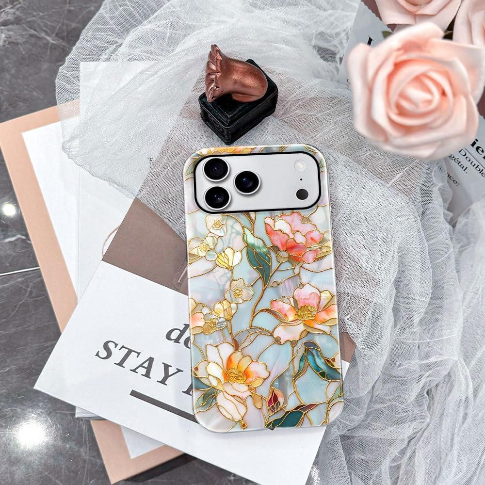 Case for iPhone 17 Pro Max - Slim Fit Anti-Scratch Phone Case for Girl Women - Stained Glass Aesthetic Flowers (Glossy)
