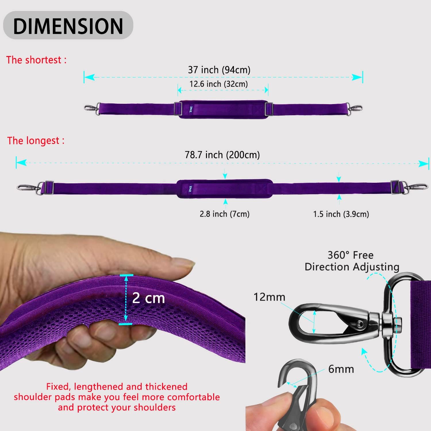 ZINZ 79 inch Shoulder Strap, Extra-thick Fixed Cushion Pad and Dual Clasps Universal Replacement