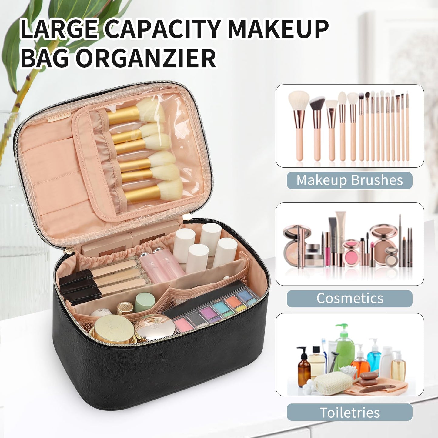 OCHEAL Makeup Bag, Portable Cosmetic Bag Black Make up Case Toiletry Bag