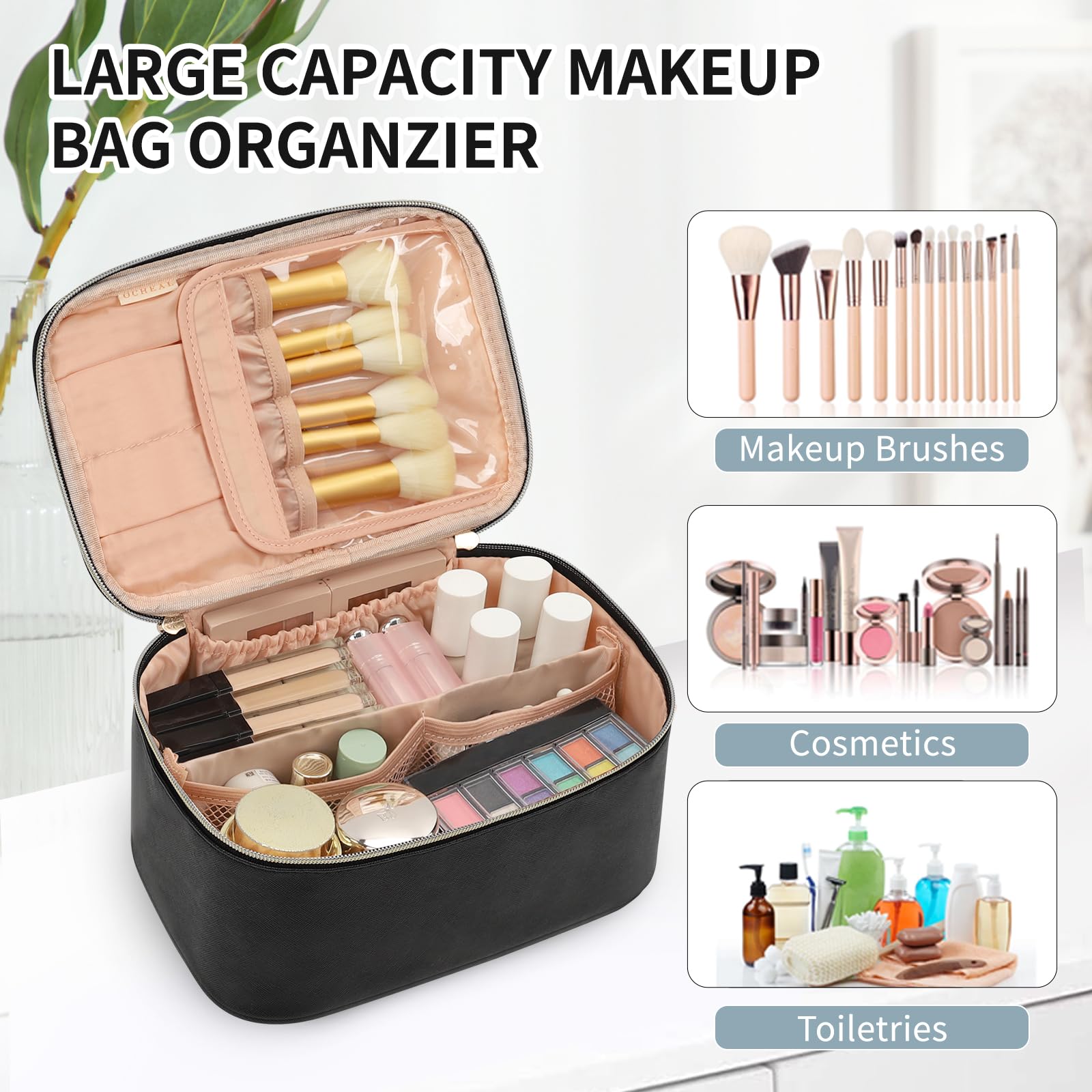 OCHEAL Makeup Bag, Portable Cosmetic Bag Black Make up Case Toiletry Bag