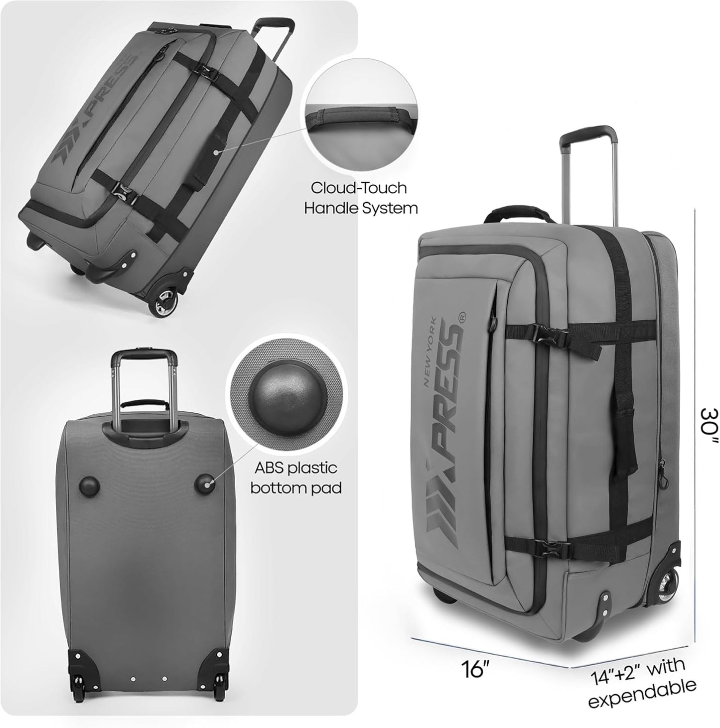 30'' Expandable Rolling Duffle Bag with Wheels,Expandable For Up to 15% More Space,Rolling Duffle Bag w/Handle,Carry on Luggage Travel Duffle Bags for Man Women#Grey