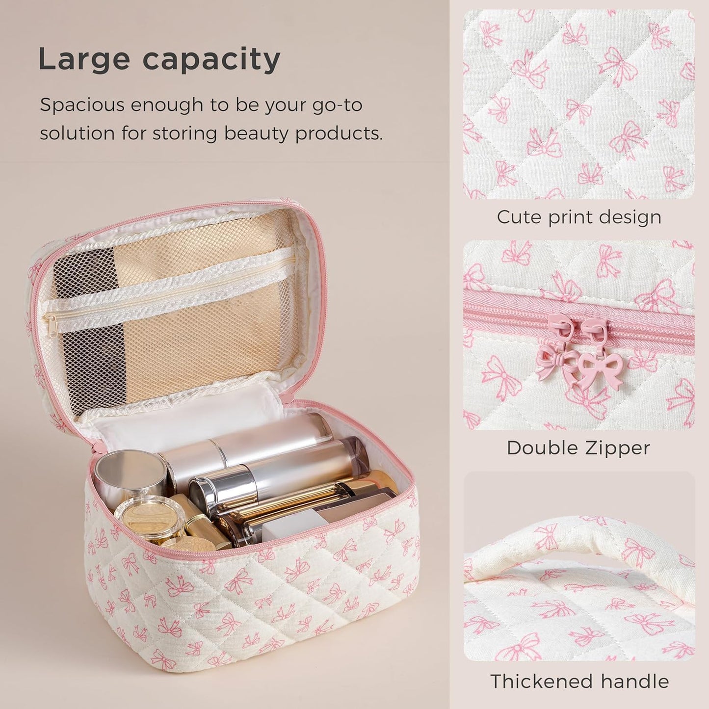 HBselect Quilted Makeup Bag, 3PCS Cotton Large Travel Makeup Bag, Cute Floral Coquette Make up Bag Cosmetic Bag Toiletry Bag for Women Girls