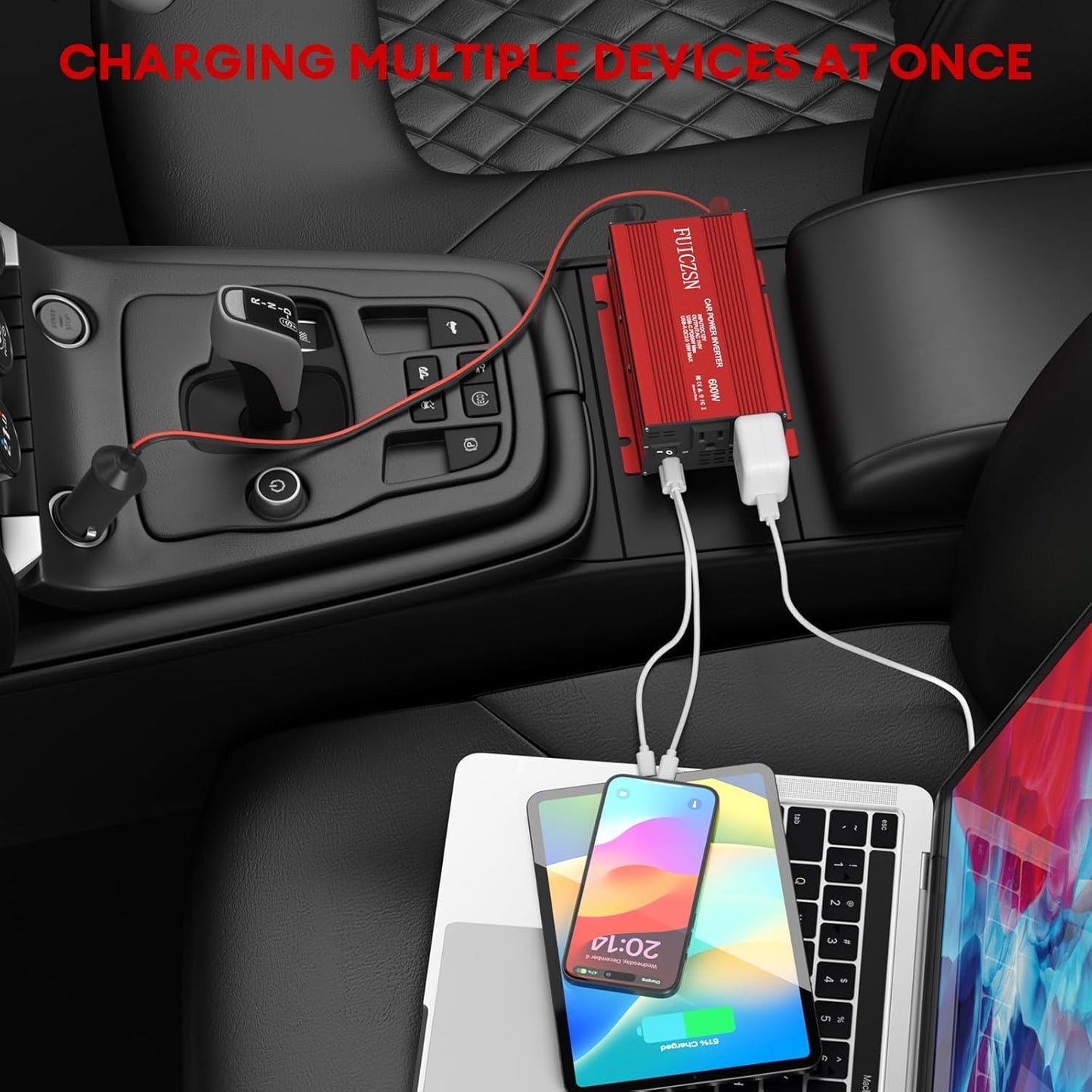 600W Car Power Inverter 12V DC to 110V AC Car Plug Adapter Outlet Converter with 2 AC Outlets and 65W PD USB-C & 18W QC USB-A Fast Charging Ports Power Inverters for Vehicles(Red)
