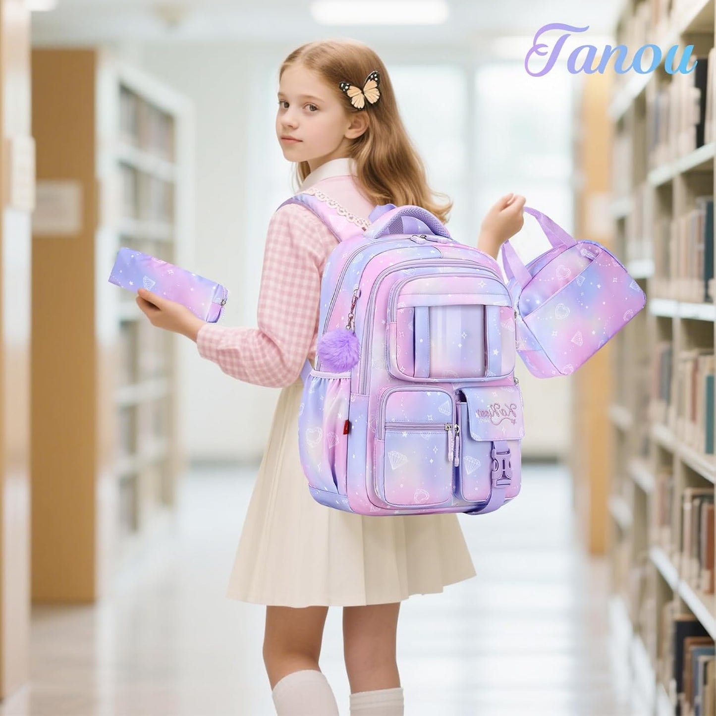 Tanou Backpack with Lunch Box for Girls, Kawaii Set School Bag for Kid Elementary Middle School, Aesthetic Laptop Bookbag Lightweight, Purple
