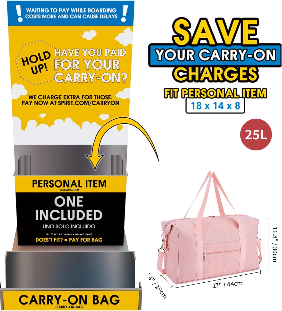 Narwey For Spirit Airlines Personal Item Bag 18x14x8 Foldable Duffle Bag for Travel Packable Duffel Bag for Traveling Carry on Bag for Airplanes Underseat Overnight for Women and Men (Pink)