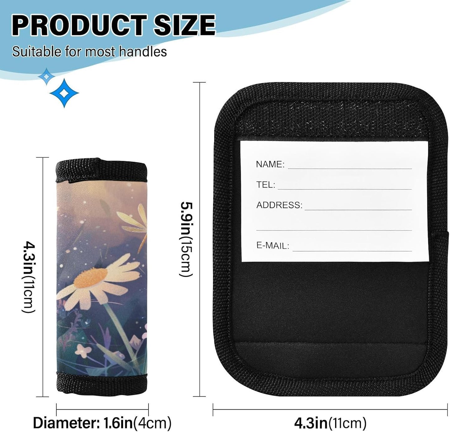 2Pcs Luggage Handle Wrap Suitcase Identifier Handle Covers Tags Soft Travel Bags Luggage Handle Gripper Accessories for Airplane Flying Dragonfly and Daisy