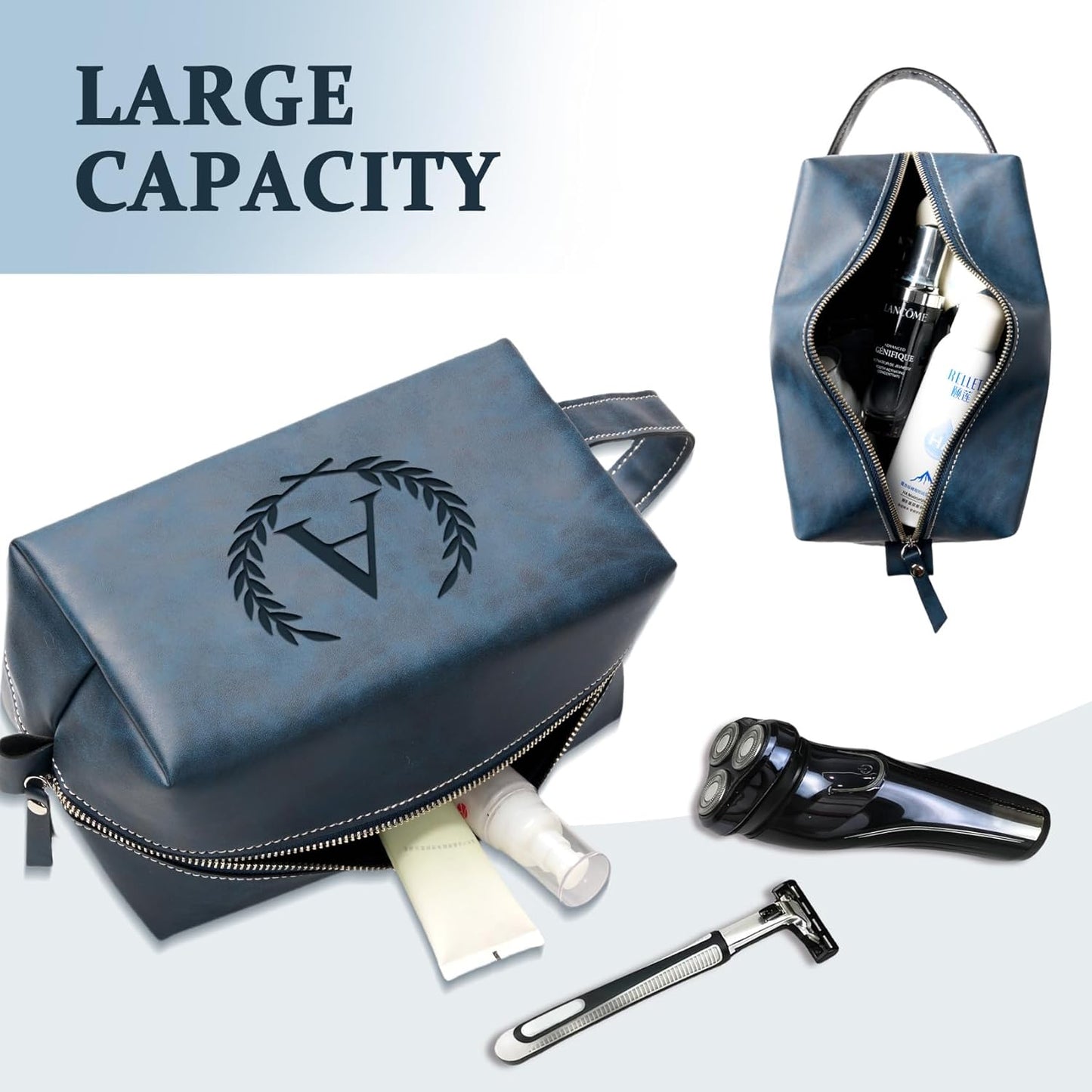 Personalized Gifts Travel Toiletry Bag for Men Engraved Initial PU Leather Waterproof Shaving Bag for Toiletries Accessories Fathers Day Birthday Gift for Men Dad Husband Son, Dark Blue M
