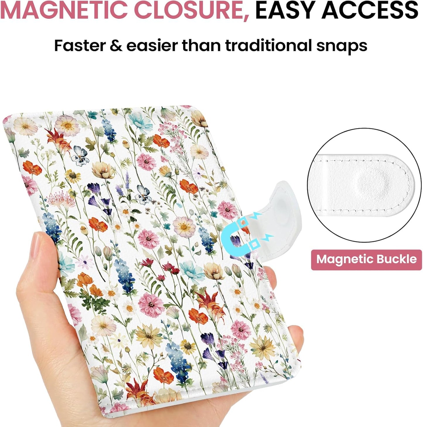 Passport Holder for Travel Essentials, RFID Blocking Leather Cover Wallet with Magnetic Closure, Aesthetic & Cute Passport Book Case for Women and Men - Wildflower