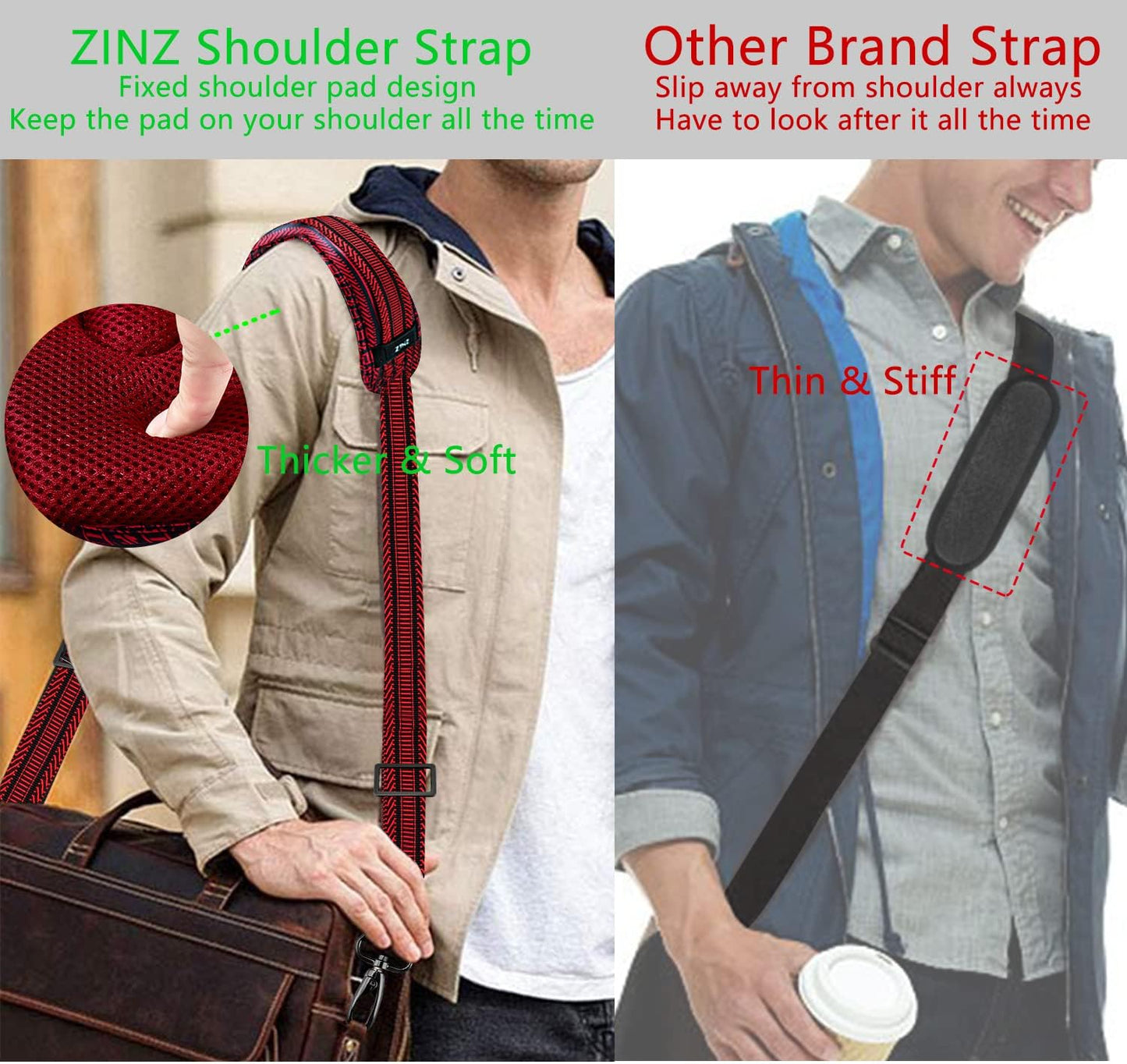 ZINZ 79 inch Shoulder Strap, Extra-thick Fixed Cushion Pad and Dual Clasps Universal Replacement Strap with Metal Swivel Hooks (200cm) (Black&Red Jacquard)