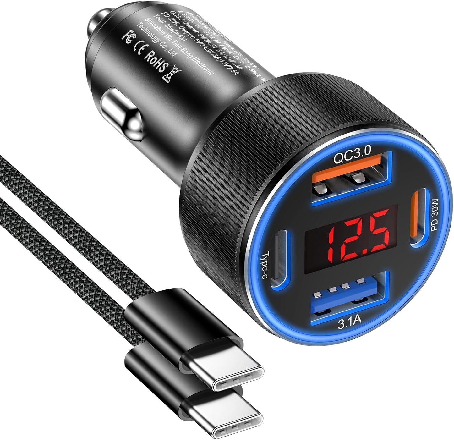 Car Charger for iPhone 17 16 15 Pro Max, Besgoods 4-Port Cigarette Lighter Adapter USB C & USB A Car Phone Charger Fast Charging Voltmeter for Galaxy S24 S23 A15 A54 Android, 6ft USB C to C Cable
