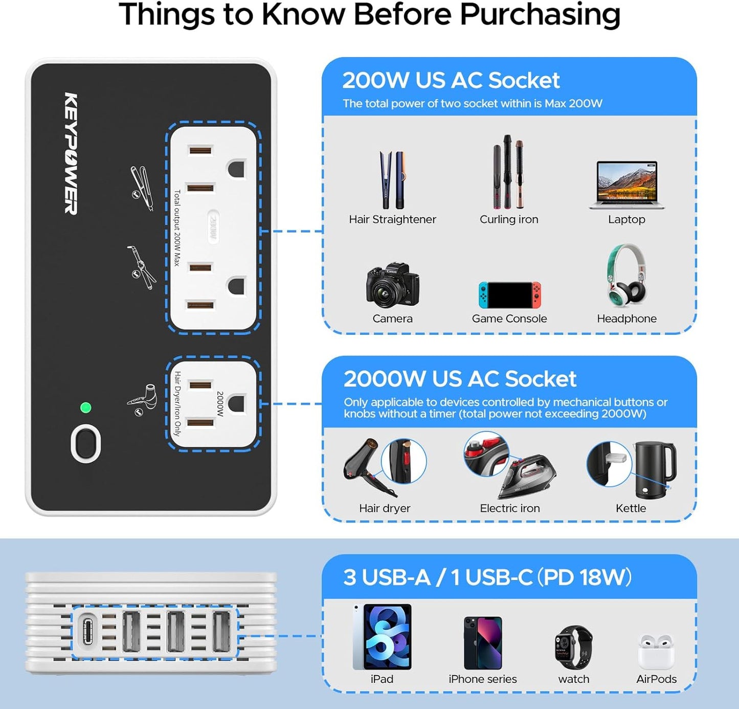 KEY POWER 2000W Voltage Converter US to Europe, 220V to 110V Converter for European Travel for Hair Dryer Straightener Curling Iron,International Universal Power Adapter with Type C, E/F, G, I, A.