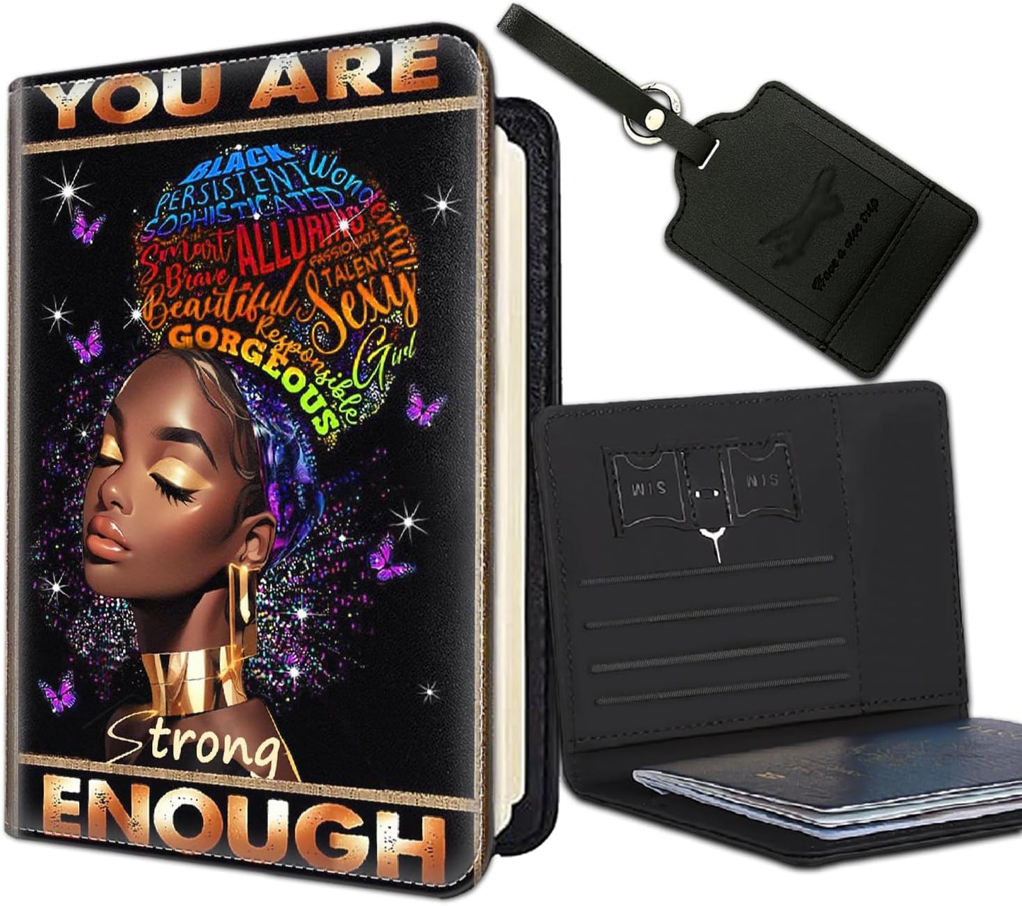 Passport Holder Women Wallet with Luggage Tag, Leather Passport Cover with RFID Blocking, Travel Accessories Multi Card Slot Passport Case for Men，Black Women Black Queen You Are Beautiful