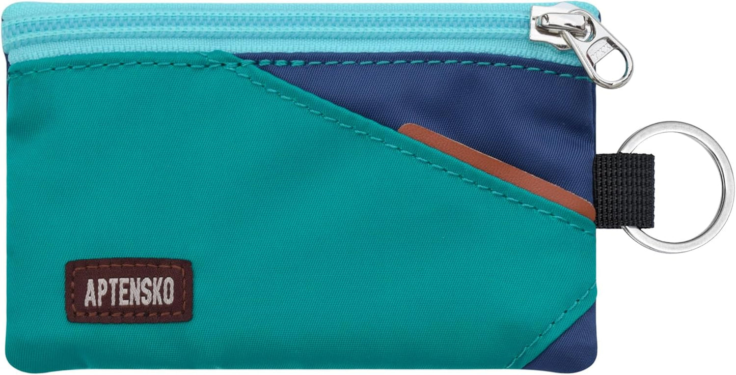 RFID Travel Wallet with Adjustable Lanyard-Zipper Small Wallet with ID Card Holder, Keychain for women&men-Minimalist Slim Waterproof Nylon case for ID, Cash, Key (Turquoise+Navy)