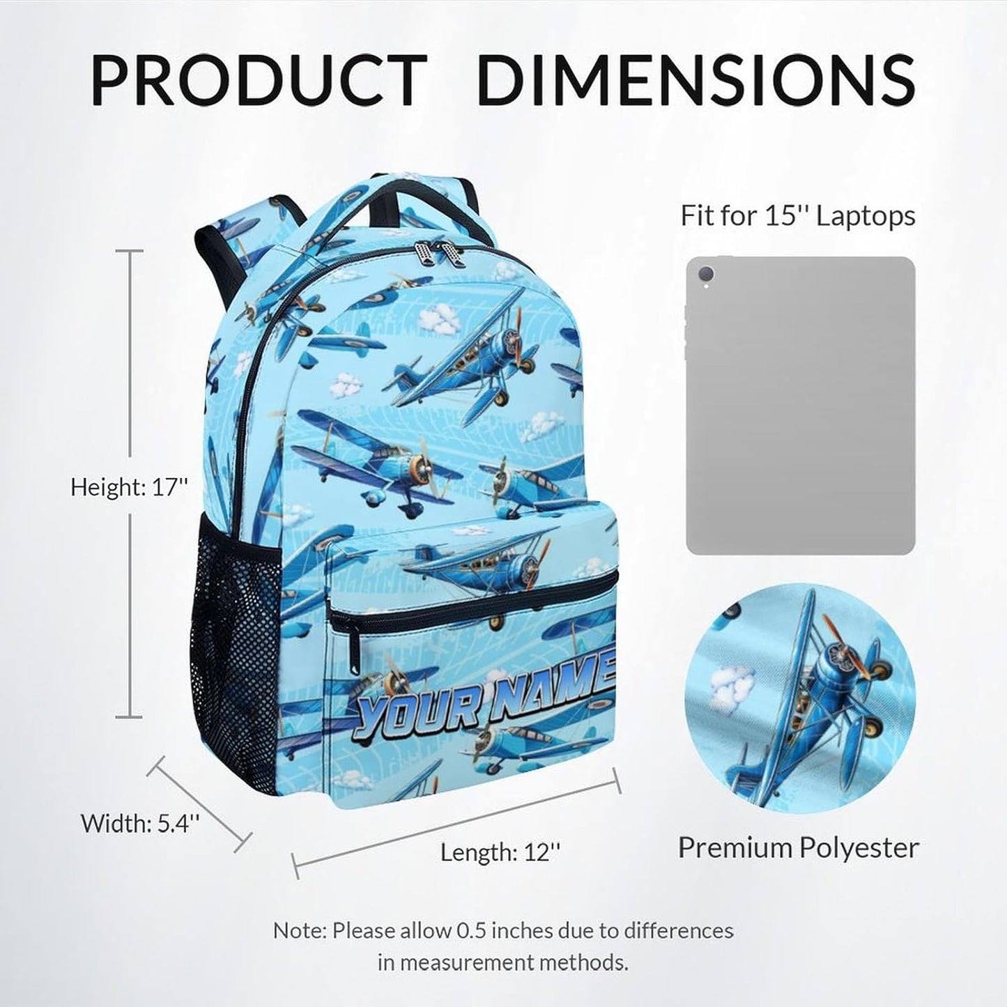 Kindergarten Backpack for Boys - Personalized Airplane Backpacks for Kids - Durable Toddler Bookbag - Custom Gifts for Son - School Bag for Kindergarten/Preschool/Elementary(17 Inch)