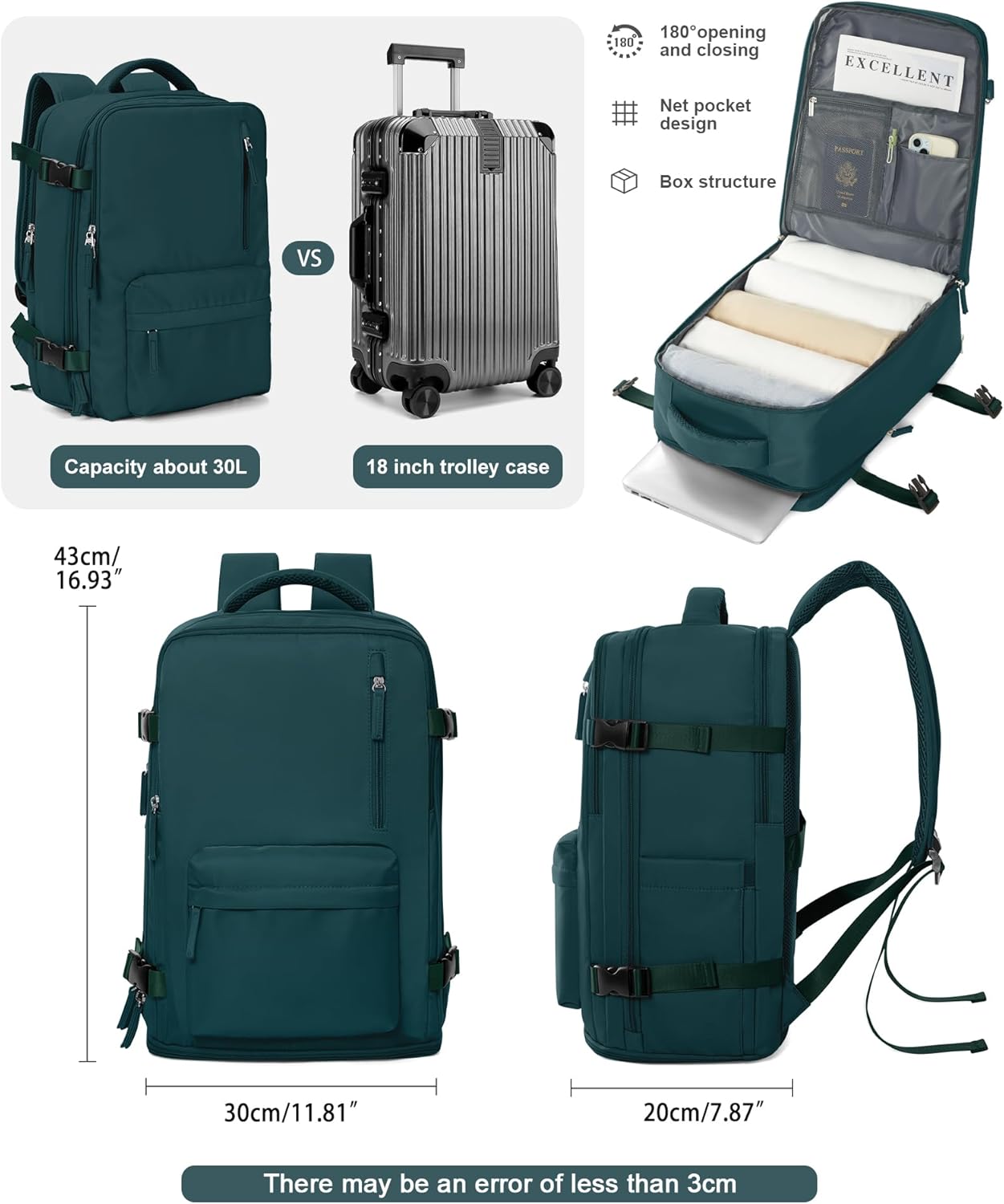 VGCUB Large Travel Backpack Bag for Women Men,Carry on Backpack,17 Inch Laptop Business Work Waterproof Backpack with Laptop Compartment,Person Item Flight Approved,Mochila de Viaje,Peacock Blue