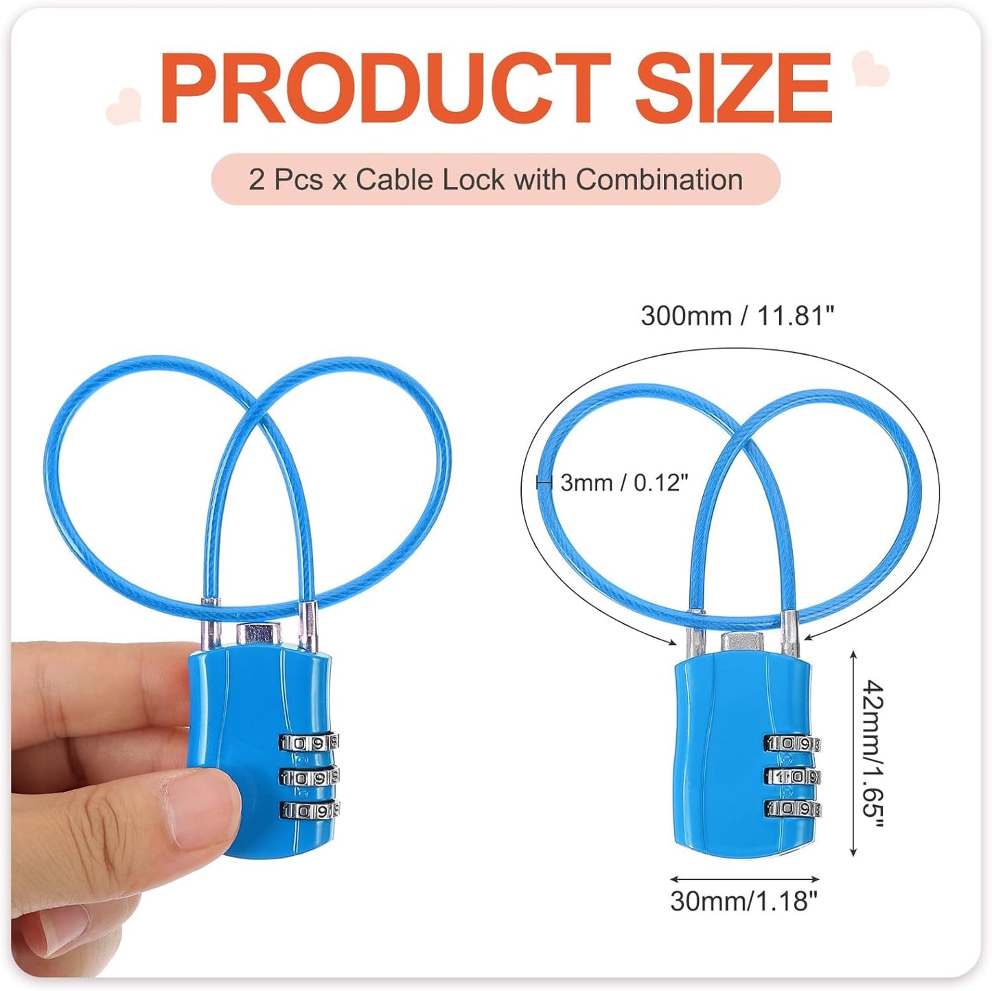 MECCANIXITY 2 Pcs Luggage Travel Lock, 3 Digit Cable Combination Lock 1-3/16" Width Body with 12" Long Cable for Suitcase Bag Cabinets Small Fences Gym, Blue