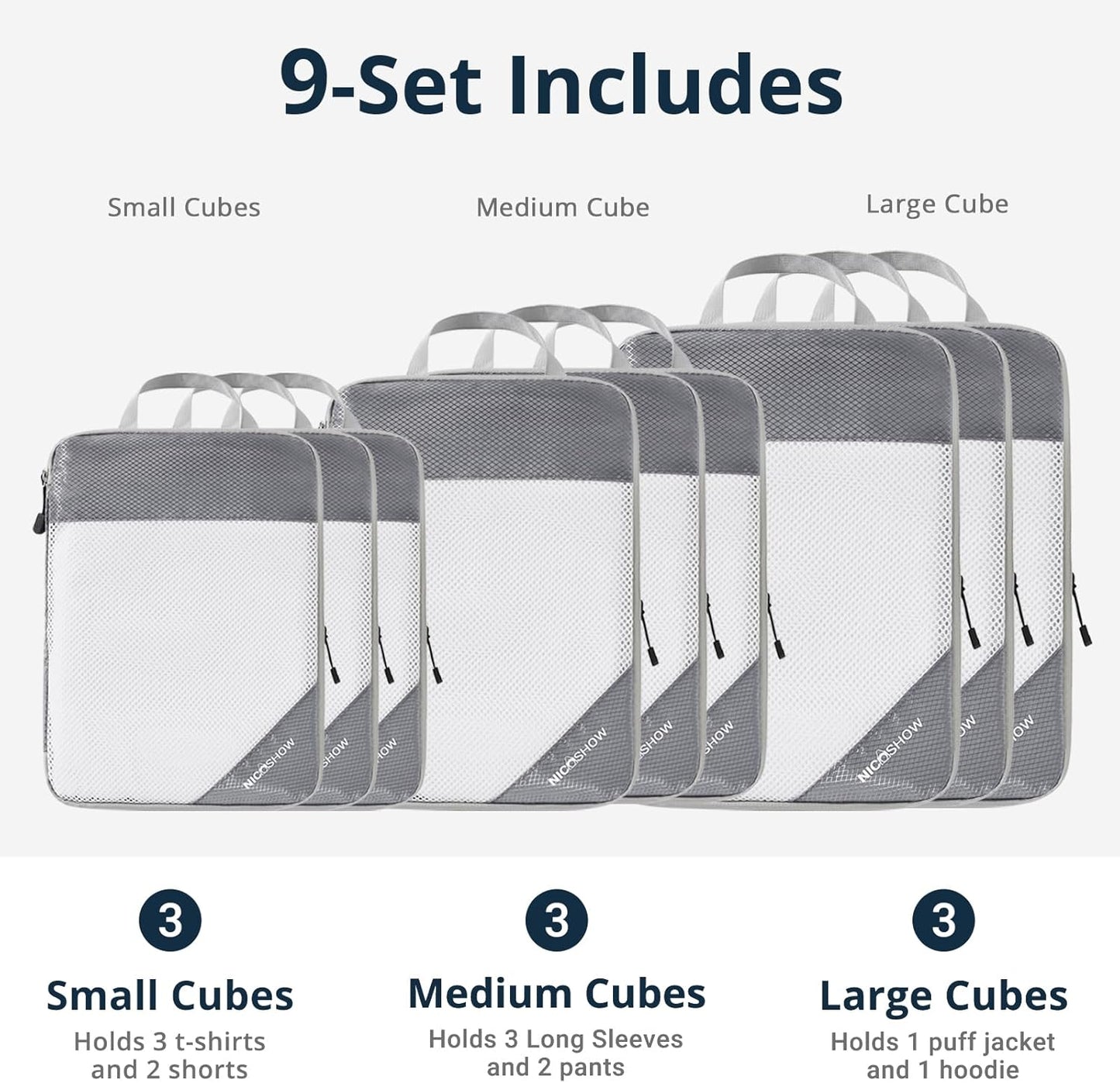 9 Set Compression Packing Cubes for Travel - Compressible, Lightweight, and Space-Saving Packing Cubes, Travel Essentials for Women, Grey