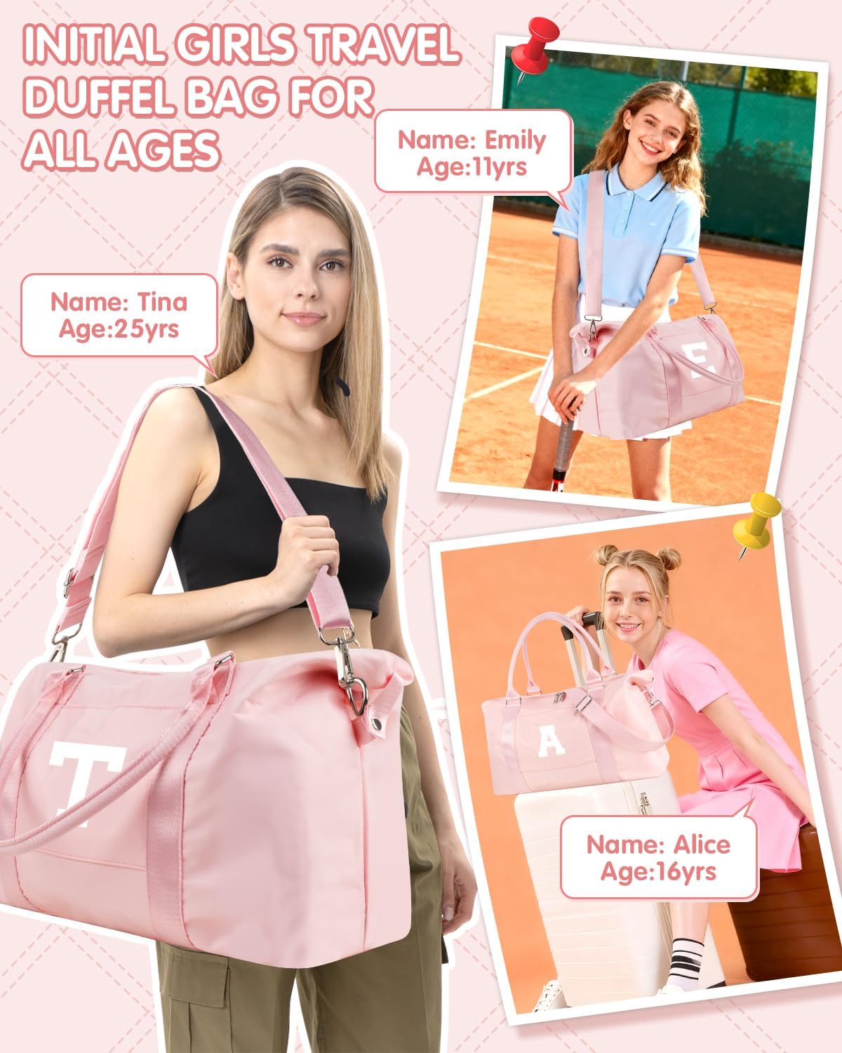 Initial Travel Duffel Bag Sports Gym Bag for Girls Teen Birthday Gifts,Pink Personalized Weekender