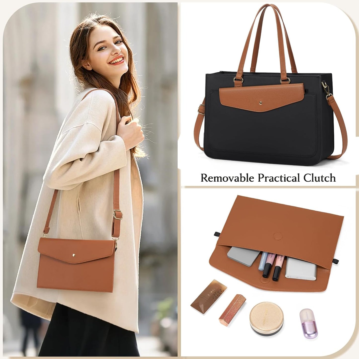 RAINSMORE Laptop Bag for Women 15.6 Inch Work Tote Bags Leather Laptop Tote Waterproof Computer Bag Professional Office Briefcase Large Handbag for College Teacher Travel,Black and Brown