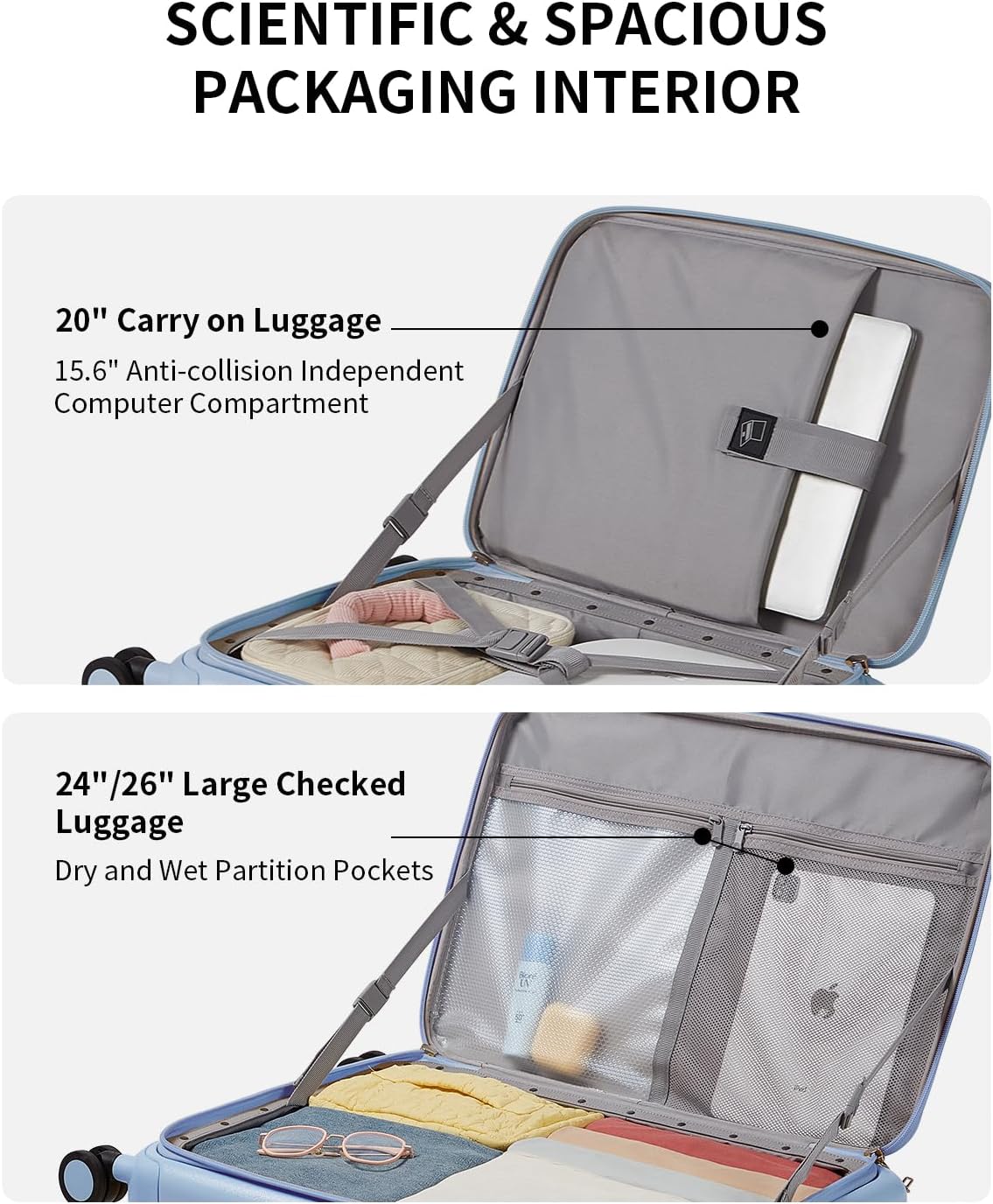 aji Expandable Top Open 26 Inch Checked Luggage with Spinner Wheels, Large Suitcase with TSA Lock, Hardside Travel Luggage Suitcases for Men Women, for 24+Days Travel, Blueberry Blue