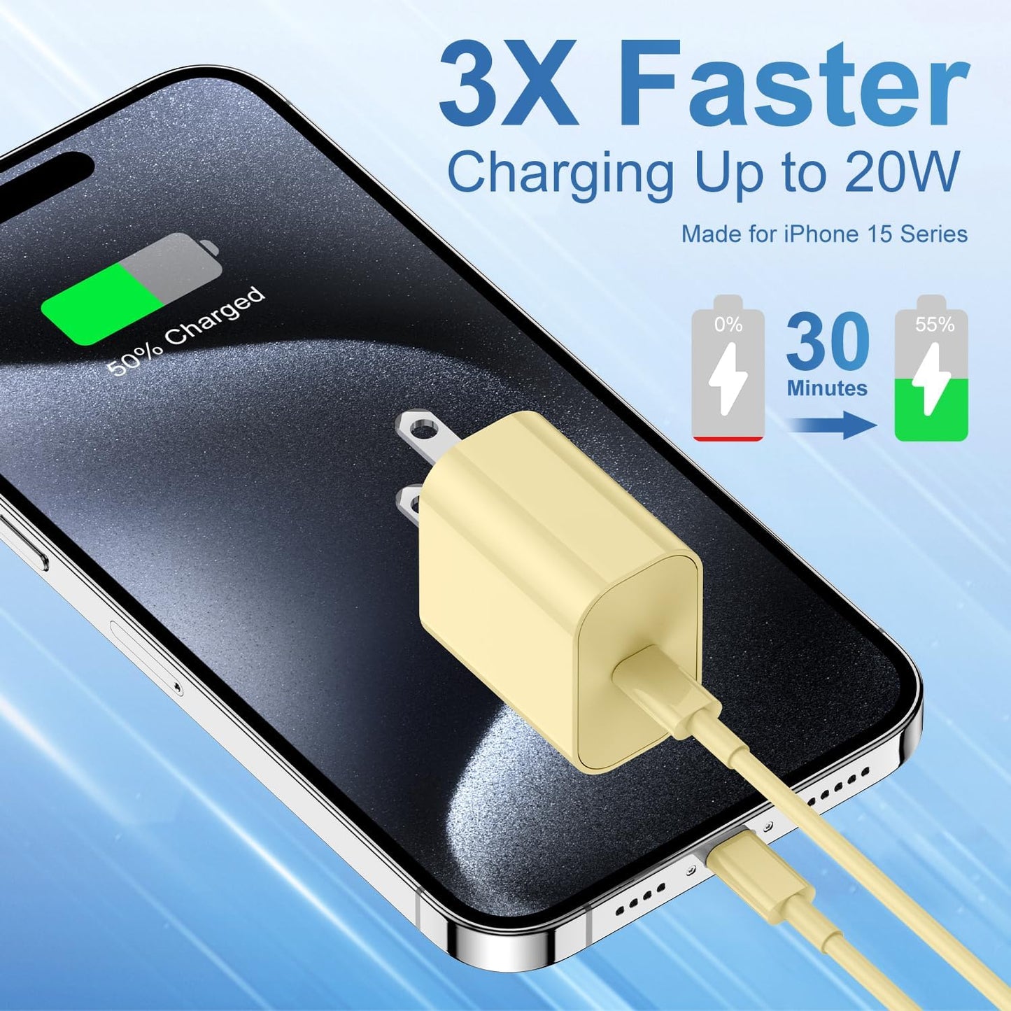 iPhone 17 16 15 Fast Charger Block and 10ft USB C to C Cable Cord Long for Apple iPhone 17 Pro Max/17 Air/16e/16 Plus/15/iPad Mini/Samsung,Type C Wall Charging Power Adapter Plug Cube Brick-Yellow