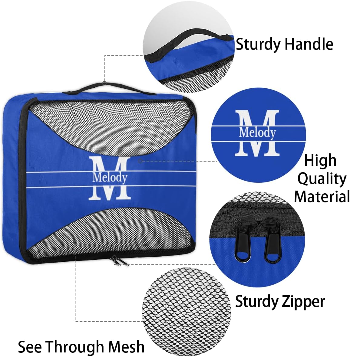 Custom 4 Packing Cubes Set, Lightweight Mesh Travel Luggage Organizers for Travel, 4 Pieces Suitcase Storage Bags, Navy Blue with Initial letter