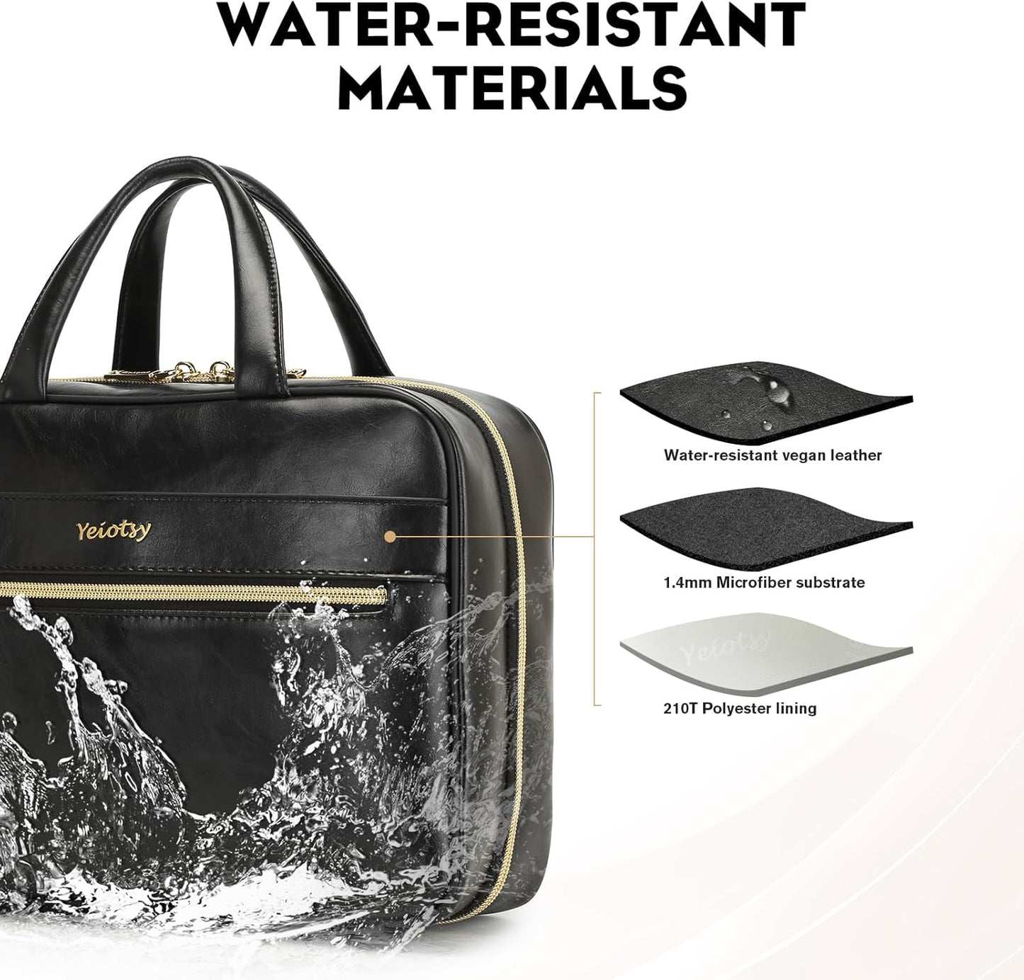Yeiotsy Hanging Toiletry Bag - Waterproof Vegan Leather Organizer with Wet-Dry Compartments, Foldable Design for Camping, Gym & Business Travel (Black, Large)