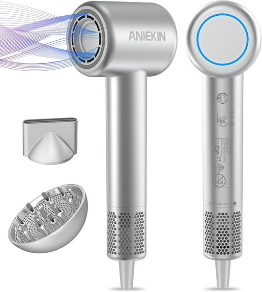 Hair Dryer, High-Speed Ionic Low Noise Blow Dryer for Fast Drying, Birthday Christmas Gifts for Women Men Mom Dad, Thermo-Control Quiet Compact Hair Blow Dryer for Travel Salon, Silver