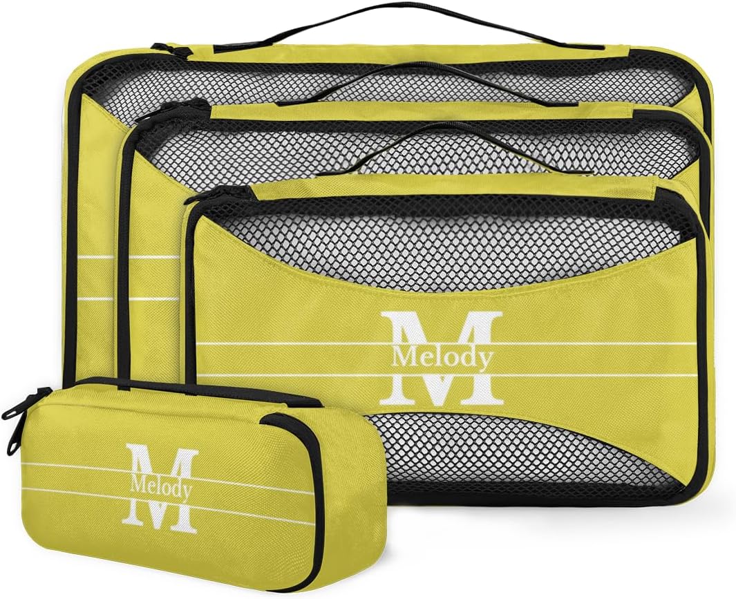 Personalized 4 Set Packing Cubes Luggage Packing Organizers Travel Accessories for Women Girls Men, Lemon Yellow Initial Letter