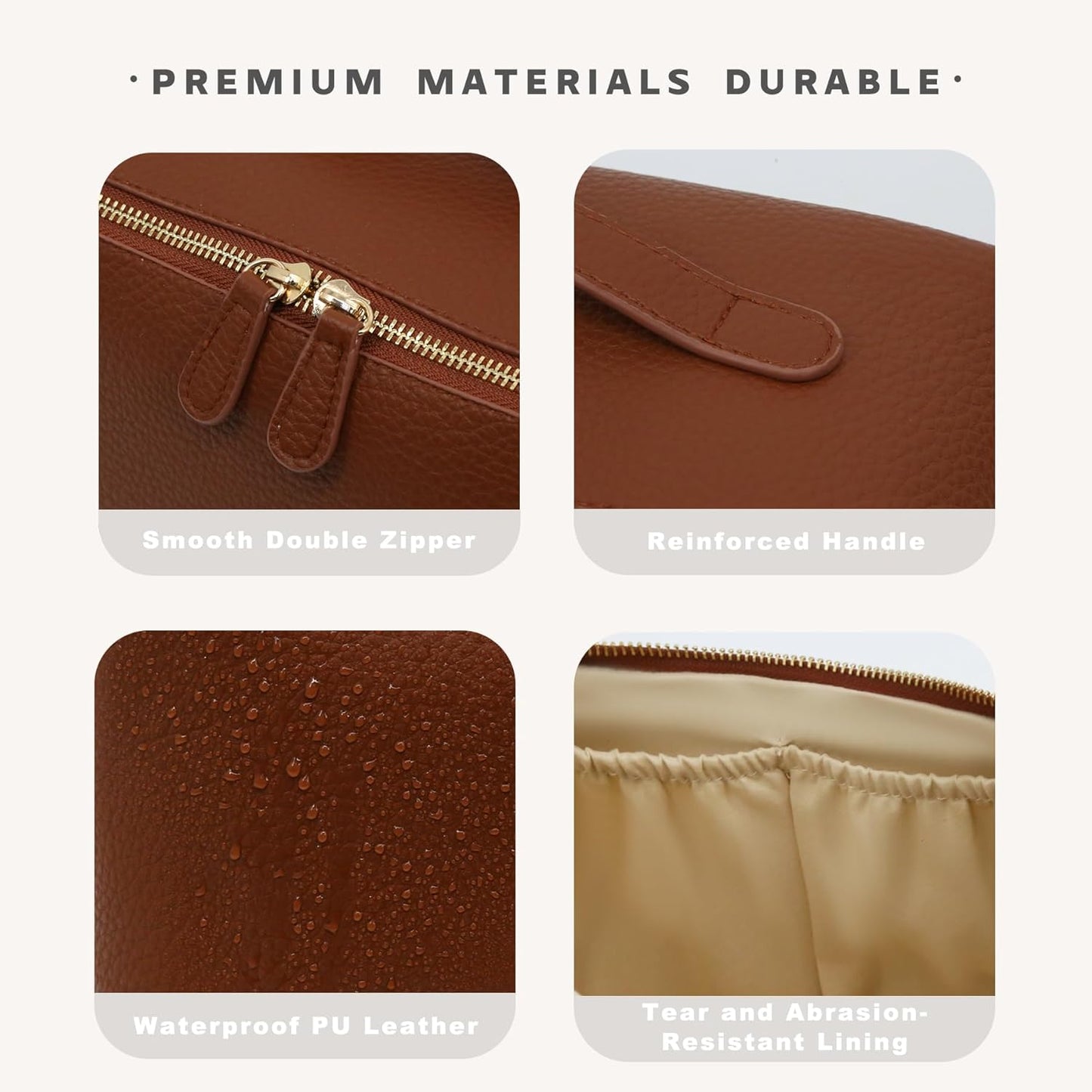 Travel Makeup Bag – Large Cosmetic Organizer with Waterproof PU Leather, Smooth Double Zipper & Tear-Resistant Lining, Toiletry Pouch for Women (Brown)