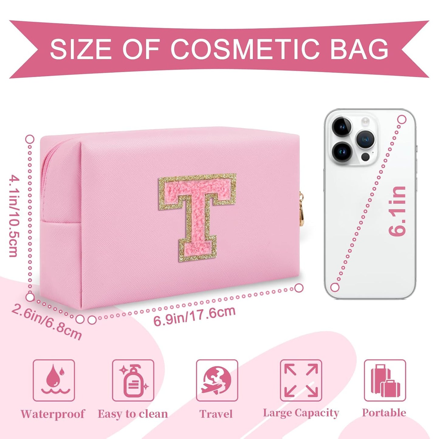 Personalized Initial A-Z Preppy Patch Makeup Bag,Small PU Leather Chenille Letter Cosmetic Bag with Zipper for Teen Girls,Pink Cute Travel Toiletry Bag,Birthday Monogrammed Gift for Daughter,Letter T