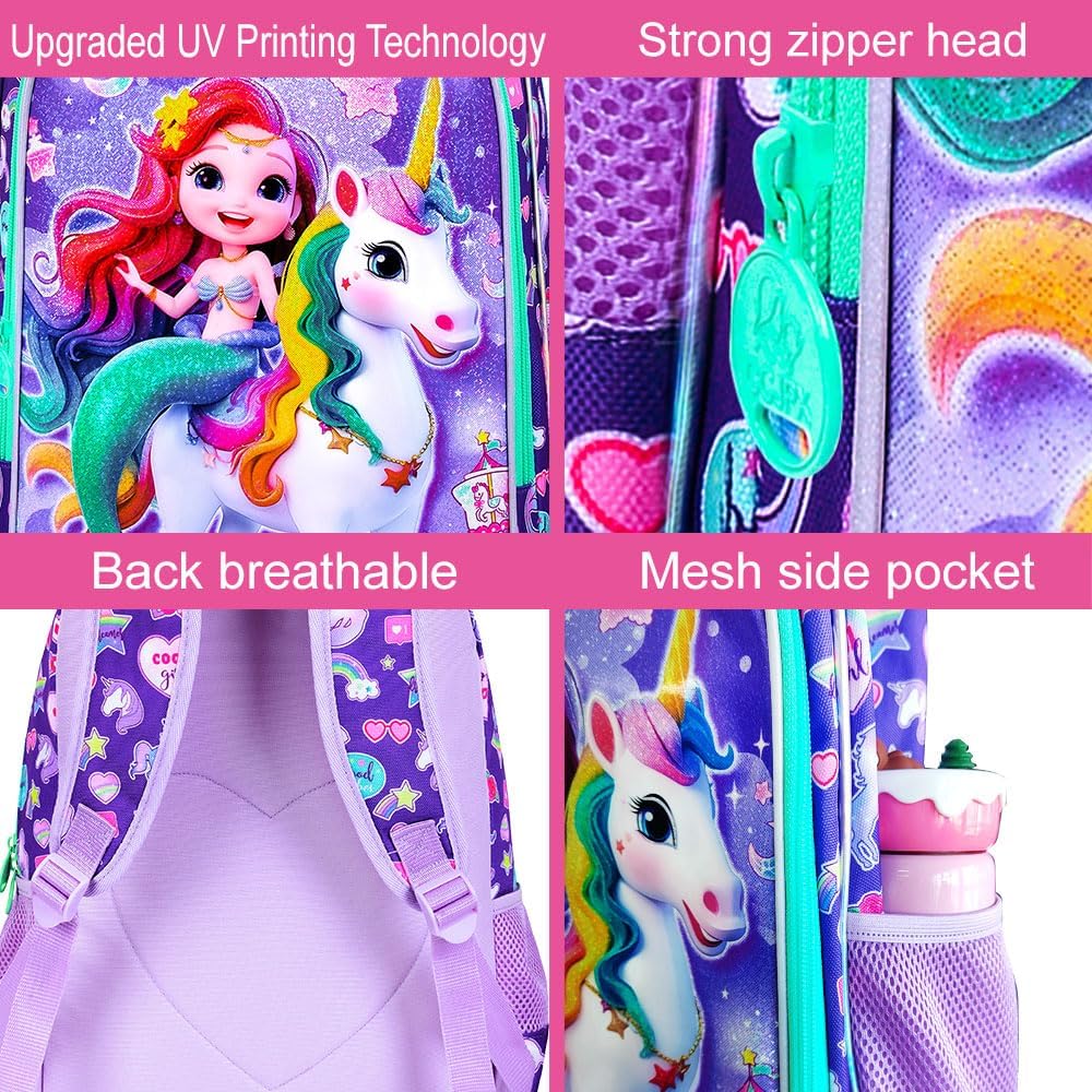 16" Mermaid Backpack for Girls, 3Pcs Unicorn Kids Bookbag with Lunch Box，School Backpacks for Elementary Preschool Kindergarten (Purple)