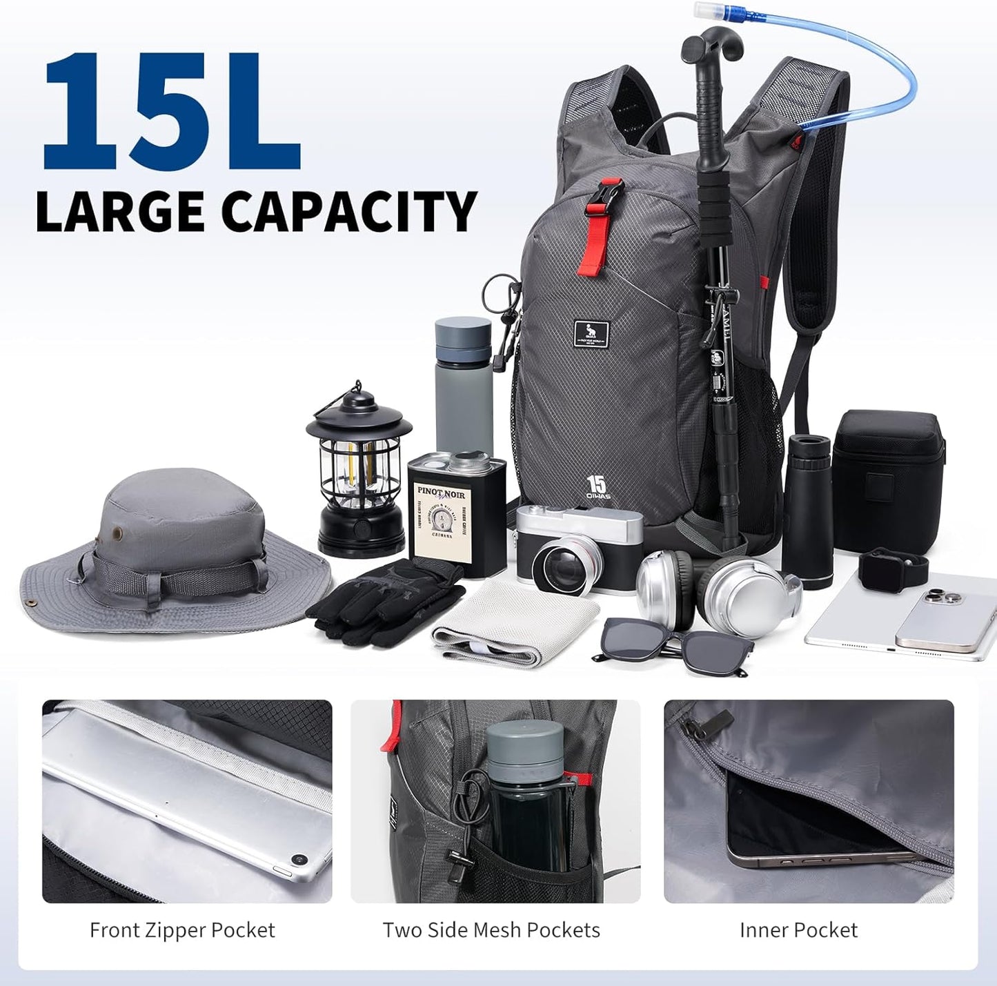 OIWAS Small Hiking Backpack - 15L Hiking Backpacks Water Resistant Camping Backpack Lightweight Hiking Daypack with Hydration Bladder Outlet
