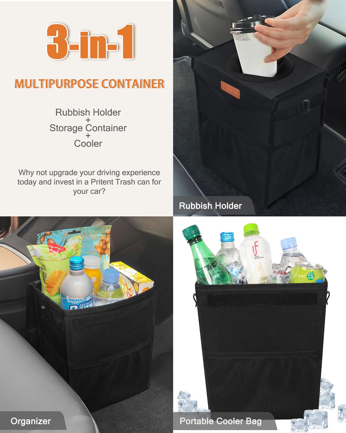 Pritent Car Trash Can with Lid Leakproof Car Garbage Bag Vehicle Trash Bin