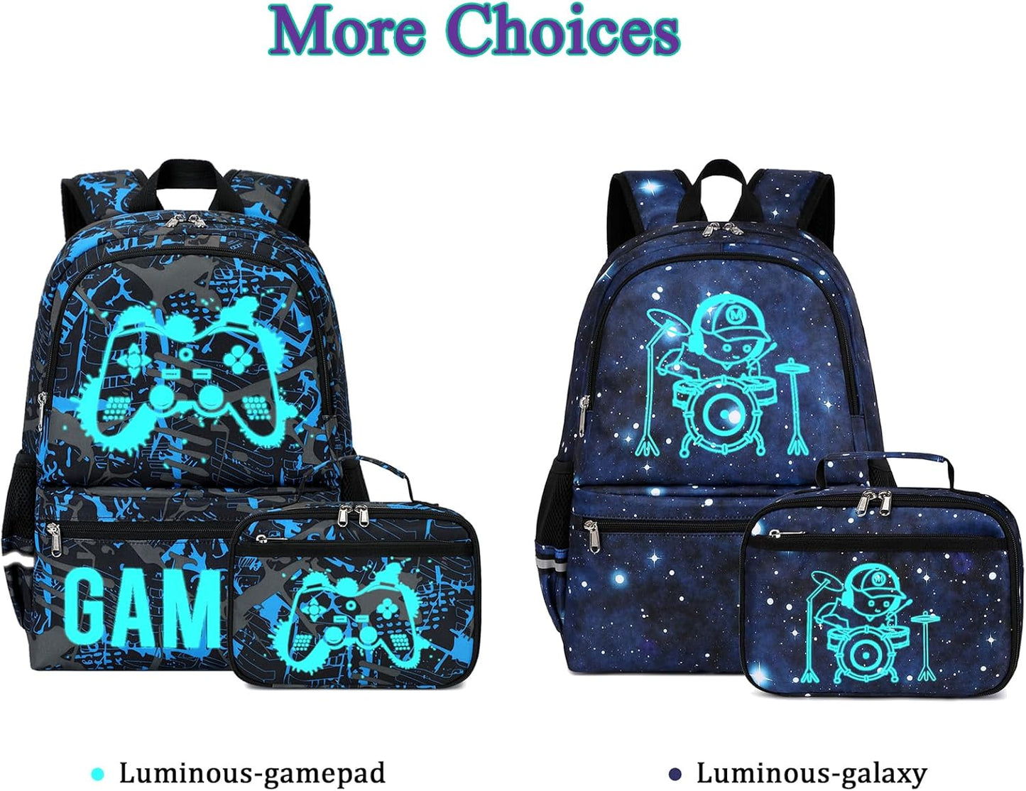 Octsky Kids School Backpack for Boys and Girls, Luminous Backpack with Lunch Box, Gamepad Bookbag