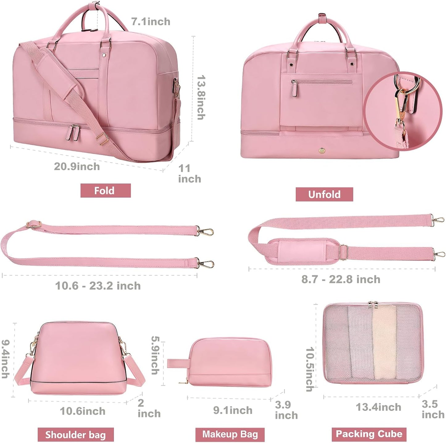4PCS Leather Duffle Bags, Weekender Bag for Women Men, Large Travel Duffel-Overnight Bag with Toiletry, Makeup, Shoulder Bag, Faux Leather Carry On with Shoe Compartment (Pink)