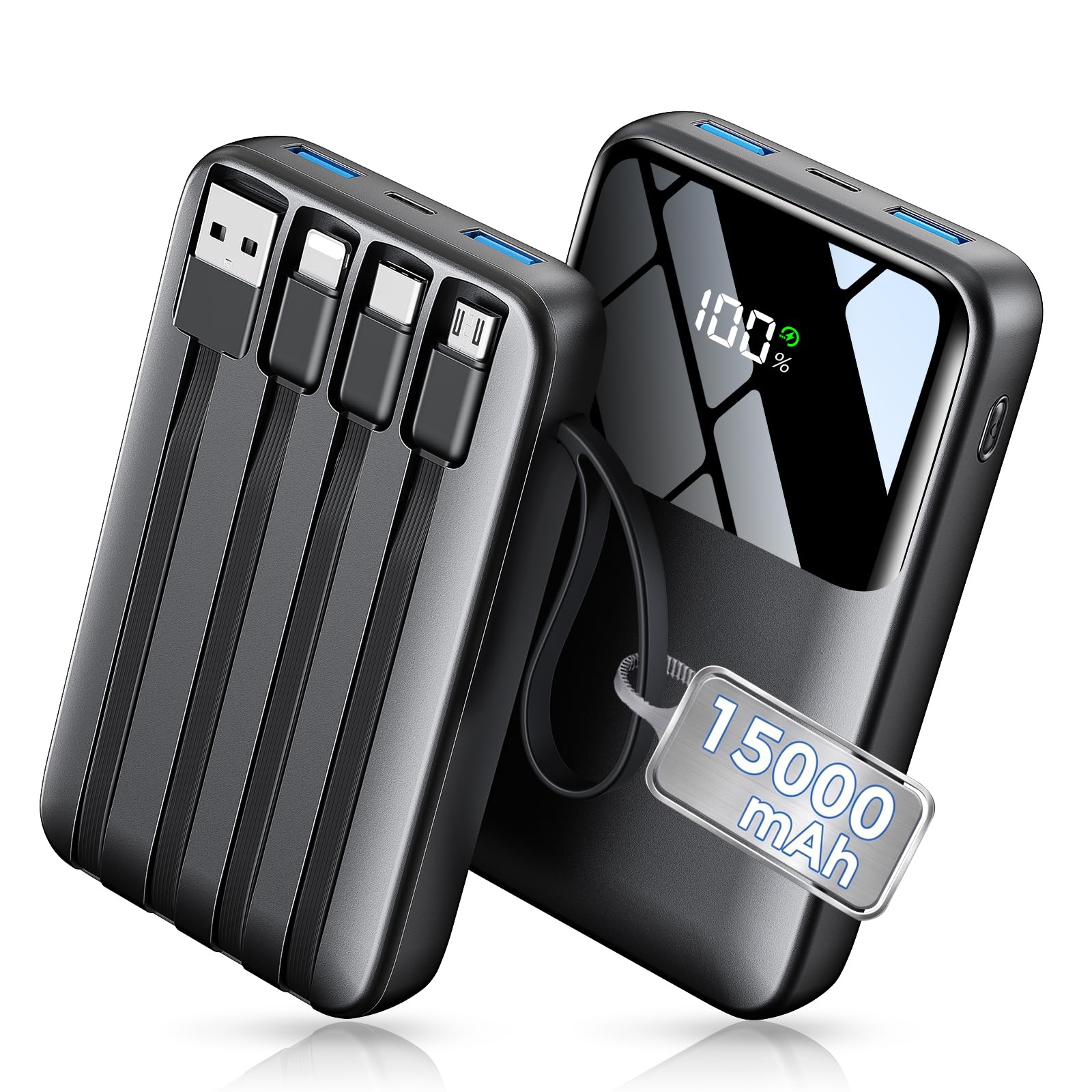 15000mAh Portable Charger Power Bank, Smaller Built-in 4 Cables, 22.5W