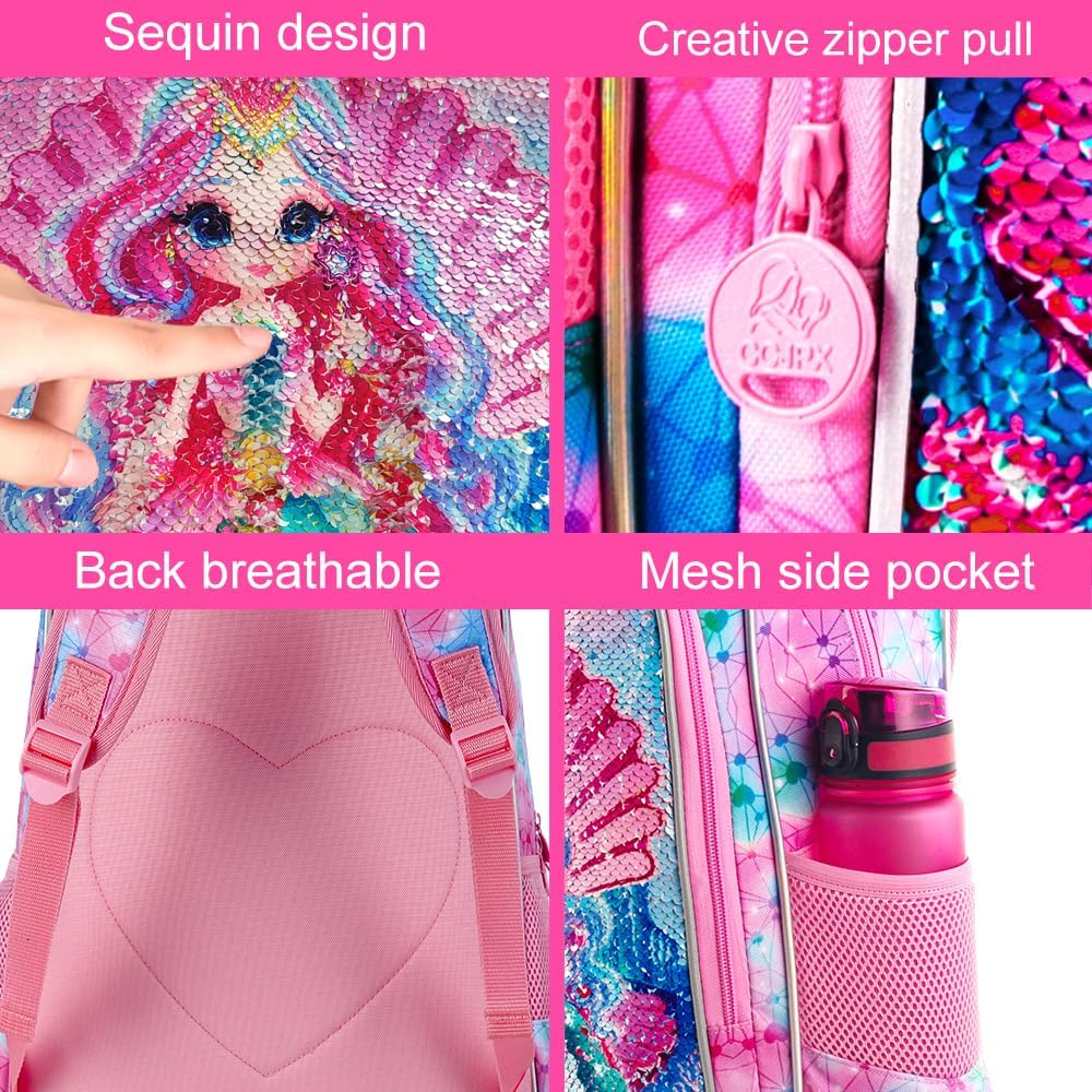 3PCS Kids Backpacks for Girls, 16" Little Kid Preschool School Bookbag and Lunch Box - Unicorn/Mermaid/Flamingo