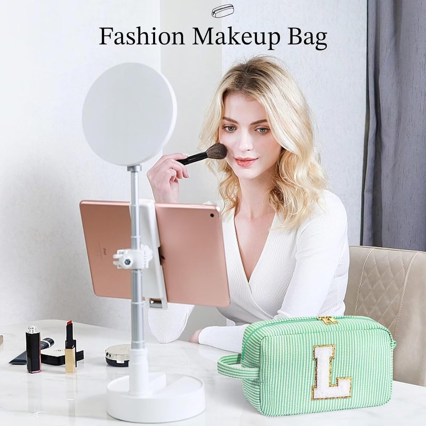 YOOLIFE Initial Makeup Bag - Personalized Monogram Cute Green Makeup Bag Cosmetic Travel Toiletry Pouch Make Up Case for Women Mom Best Friend Bridesmaid Sister Teacher, Birthday Gifts for Women Her H